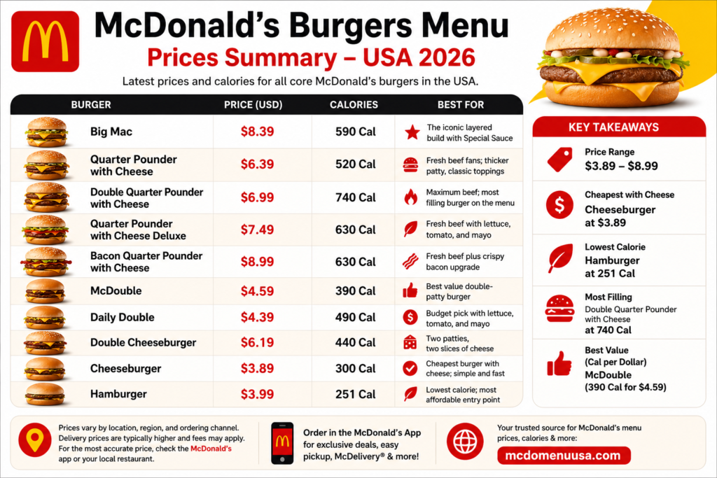McDonald's Burgers Menu Prices in USA 3 McDonald’s USA burger menu prices and calories 2026