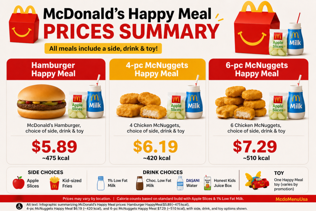 McDonald’s Happy Meal prices in the USA: Hamburger, 4-pc McNuggets, and 6-pc McNuggets meals.