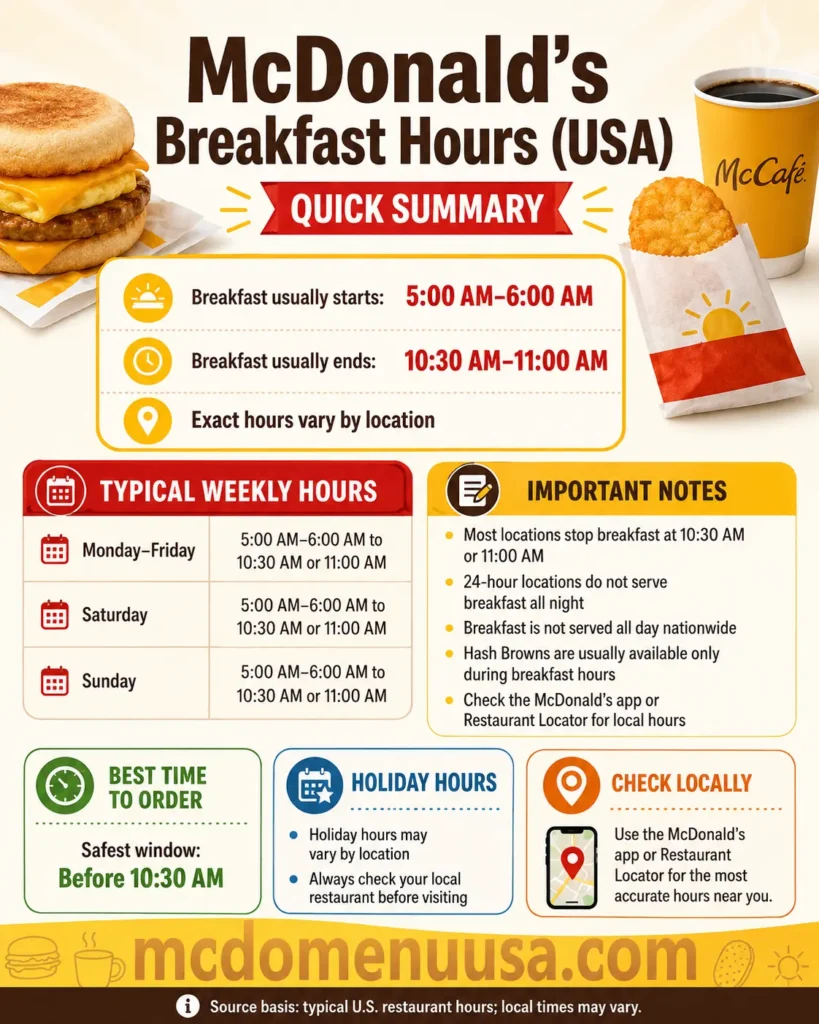McDonald’s breakfast hours USA summary showing typical end time 10:30 AM to 11:00 AM