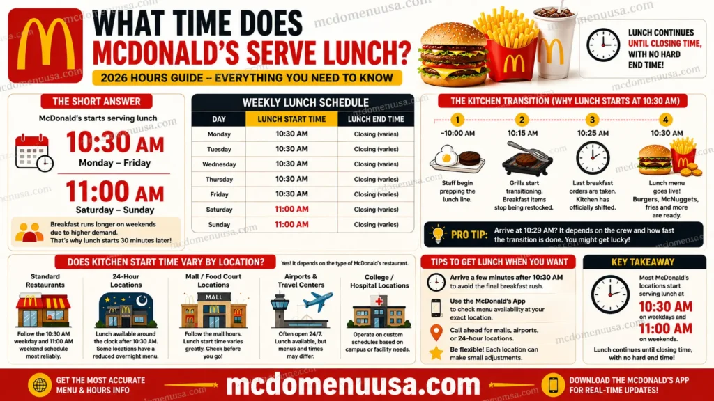 What Time Does McDonald's Serve Lunch? (2026 Hours Guide) 1 McDonaldโs lunch hours infographic showing lunch starts at 10:30 AM weekdays and 11:00 AM weekends at most U.S. locations.