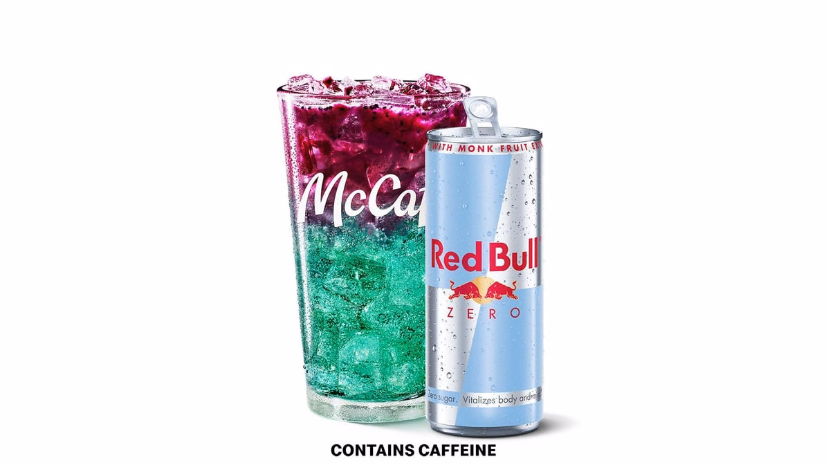 Reduced Sugar Red Bull Dragonberry Energizer — McDonald’s product photo from the linked DoorDash menu